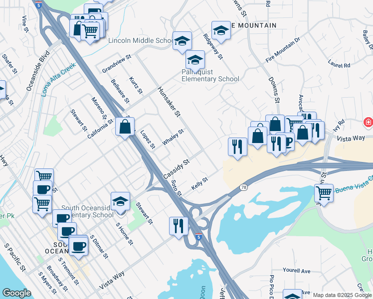 map of restaurants, bars, coffee shops, grocery stores, and more near 1738 Kurtz Street in Oceanside