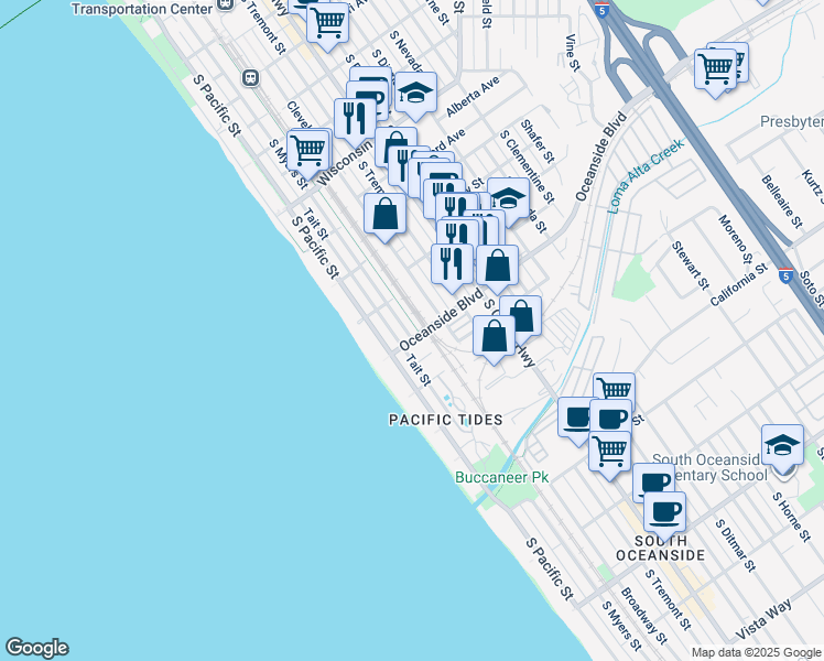 map of restaurants, bars, coffee shops, grocery stores, and more near 212 Oceanside Boulevard in Oceanside