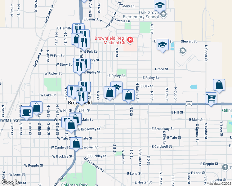 map of restaurants, bars, coffee shops, grocery stores, and more near 400 North B Street in Brownfield