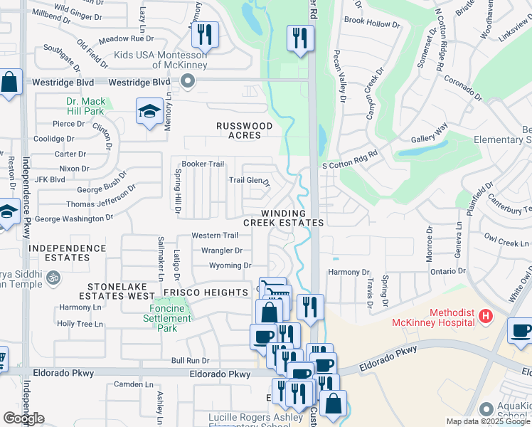 map of restaurants, bars, coffee shops, grocery stores, and more near 12701 Winding Creek Drive in Frisco