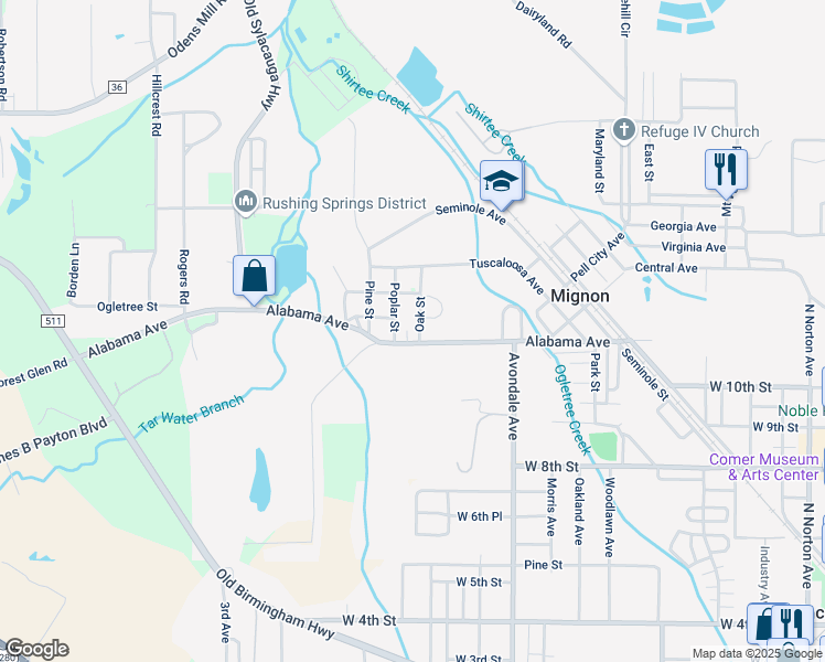 map of restaurants, bars, coffee shops, grocery stores, and more near 210 Pine Street in Sylacauga