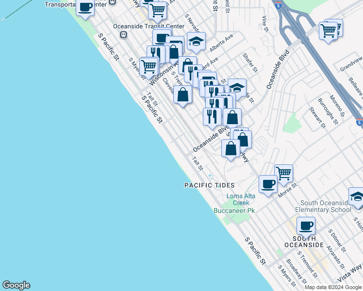 map of restaurants, bars, coffee shops, grocery stores, and more near 1118 South Pacific Street in Oceanside
