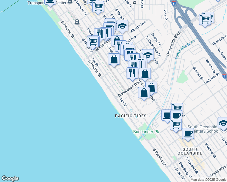 map of restaurants, bars, coffee shops, grocery stores, and more near 1118 South Pacific Street in Oceanside