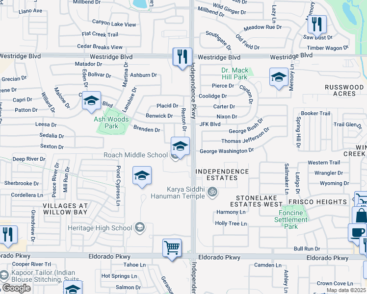 map of restaurants, bars, coffee shops, grocery stores, and more near 10105 Sanden Drive in McKinney