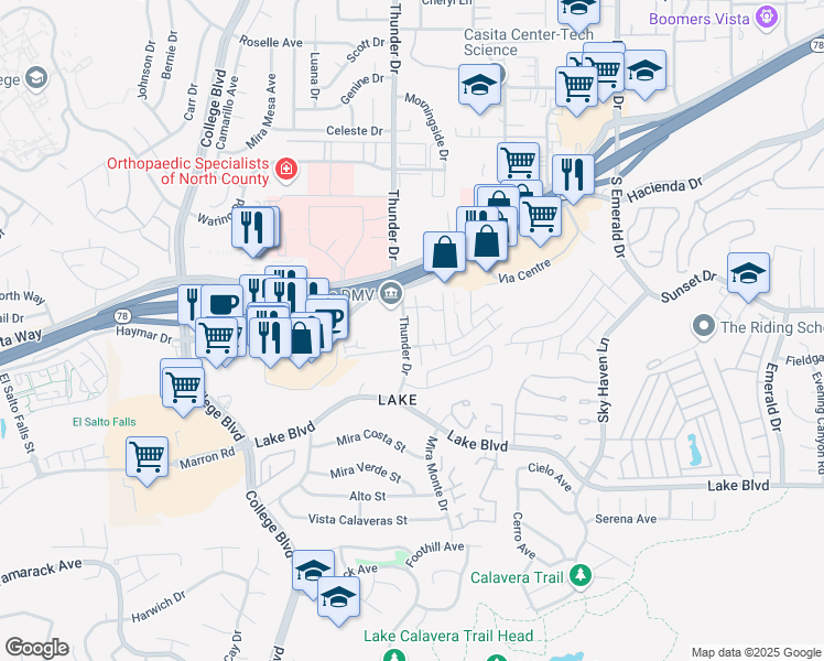 map of restaurants, bars, coffee shops, grocery stores, and more near 3454 Thunder Drive in Oceanside