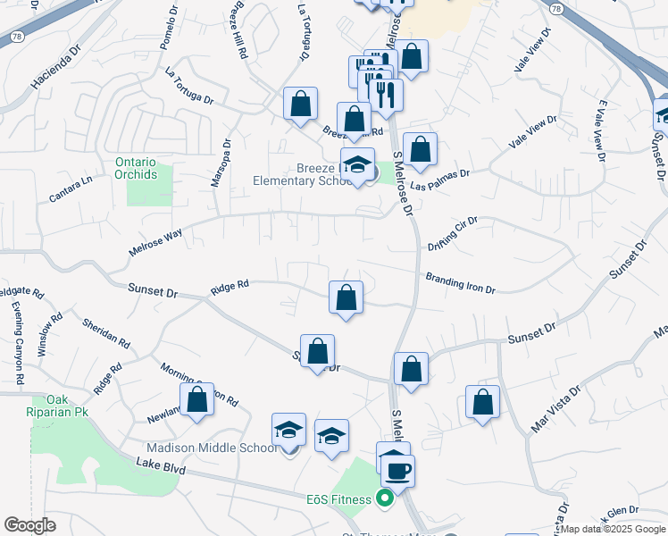 map of restaurants, bars, coffee shops, grocery stores, and more near 1175 Tesoro Place in Vista