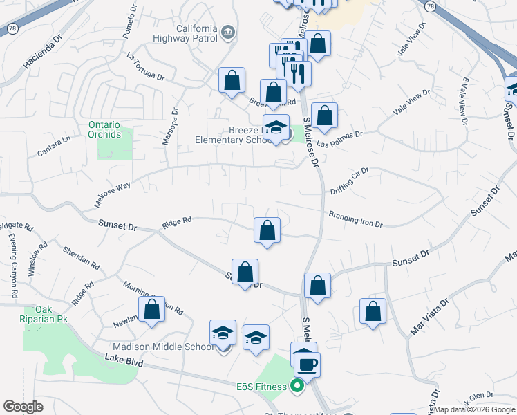 map of restaurants, bars, coffee shops, grocery stores, and more near 1175 Tesoro Place in Vista