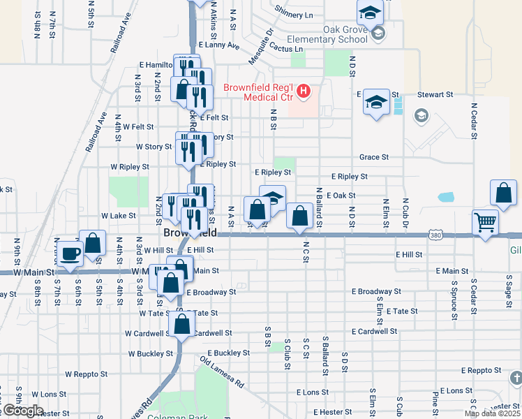 map of restaurants, bars, coffee shops, grocery stores, and more near 400-498 North B Street in Brownfield