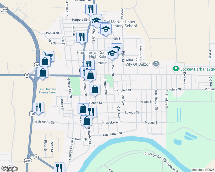 map of restaurants, bars, coffee shops, grocery stores, and more near 517 Central Avenue in Belzoni