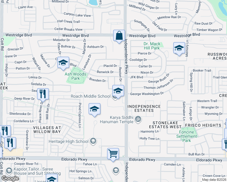map of restaurants, bars, coffee shops, grocery stores, and more near 2405 Eaton Drive in McKinney