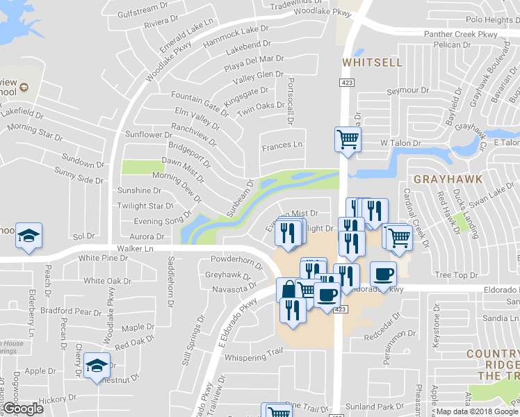 map of restaurants, bars, coffee shops, grocery stores, and more near 2737 Cascade Cove Drive in Little Elm