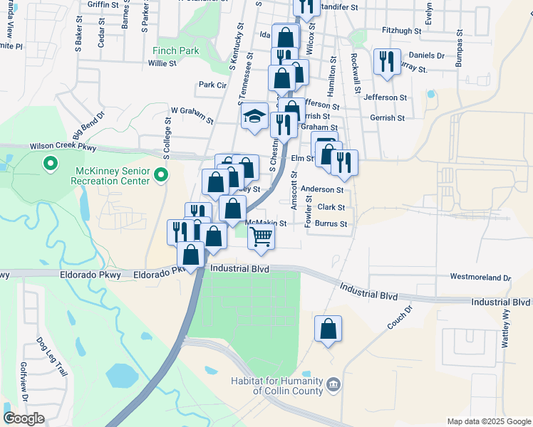 map of restaurants, bars, coffee shops, grocery stores, and more near 1503 South McDonald Street in McKinney
