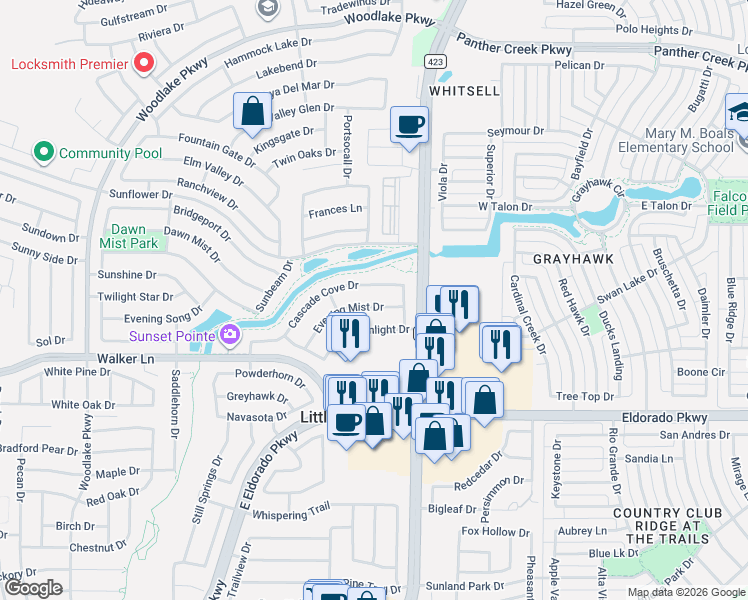 map of restaurants, bars, coffee shops, grocery stores, and more near 2841 Cascade Cove Drive in Little Elm