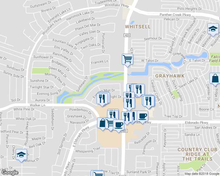 map of restaurants, bars, coffee shops, grocery stores, and more near 2833 Evening Mist Drive in Little Elm