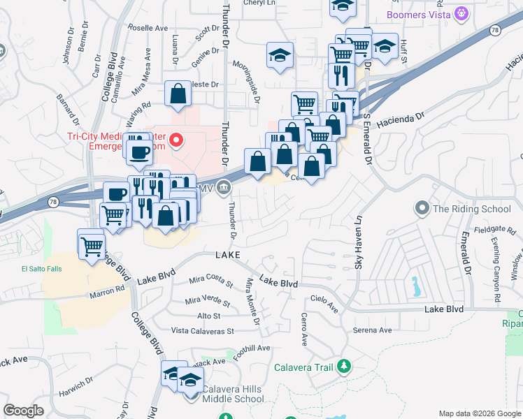 map of restaurants, bars, coffee shops, grocery stores, and more near 3461 Los Mochis Way in Oceanside