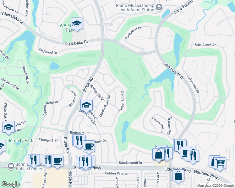 map of restaurants, bars, coffee shops, grocery stores, and more near 1510 Timber Edge Drive in McKinney