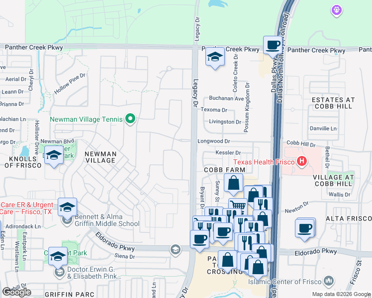 map of restaurants, bars, coffee shops, grocery stores, and more near 12650 Timber Crossing Drive in Frisco