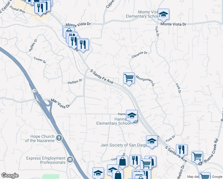 map of restaurants, bars, coffee shops, grocery stores, and more near 1500 Wingwood Lane in Vista