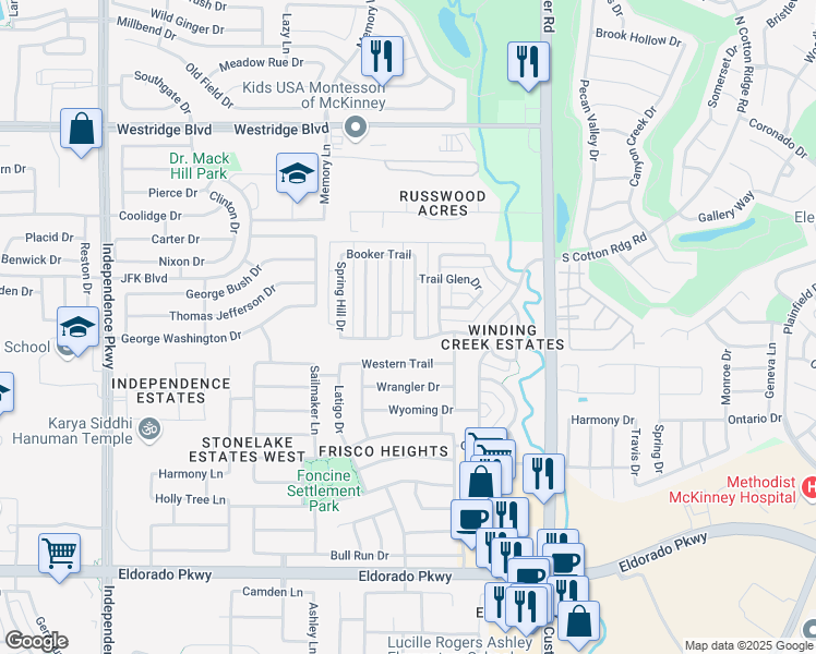 map of restaurants, bars, coffee shops, grocery stores, and more near 12763 Brook Ridge Drive in Frisco