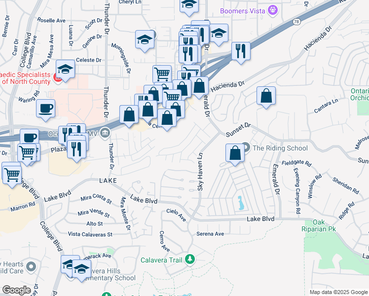 map of restaurants, bars, coffee shops, grocery stores, and more near 2130 Sunset Drive in Vista