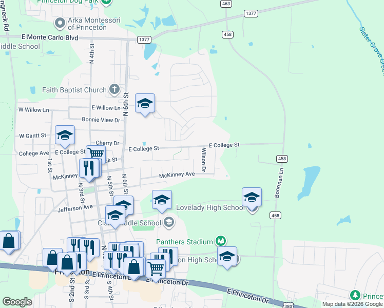map of restaurants, bars, coffee shops, grocery stores, and more near 1101 Parkway Trail in Princeton
