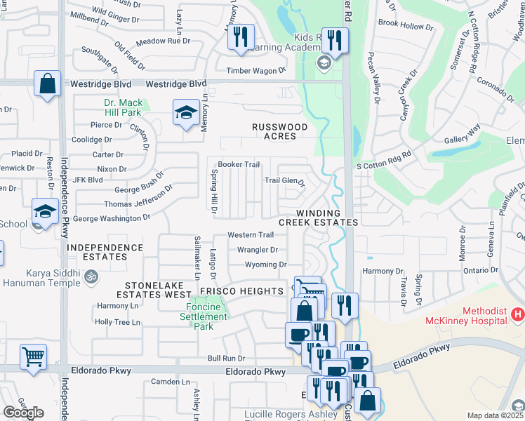 map of restaurants, bars, coffee shops, grocery stores, and more near 12763 Brook Ridge Drive in Frisco