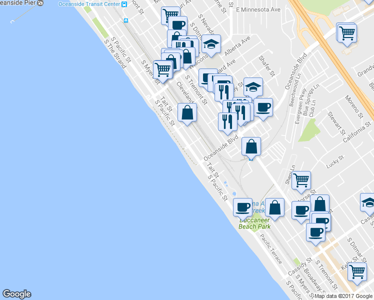 map of restaurants, bars, coffee shops, grocery stores, and more near 1101 South Pacific Street in Oceanside
