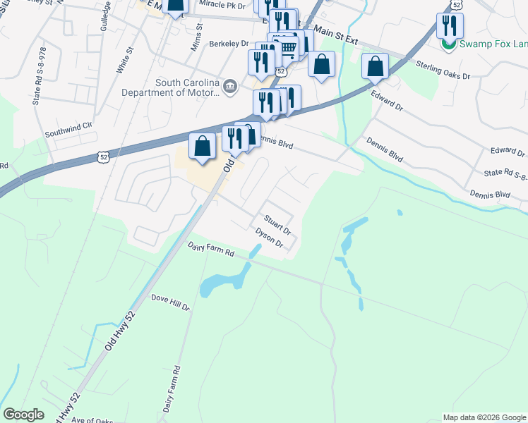 map of restaurants, bars, coffee shops, grocery stores, and more near 1207 Saint Johns Avenue in Moncks Corner