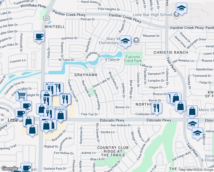 map of restaurants, bars, coffee shops, grocery stores, and more near 12572 Alfa Romeo Way in Frisco