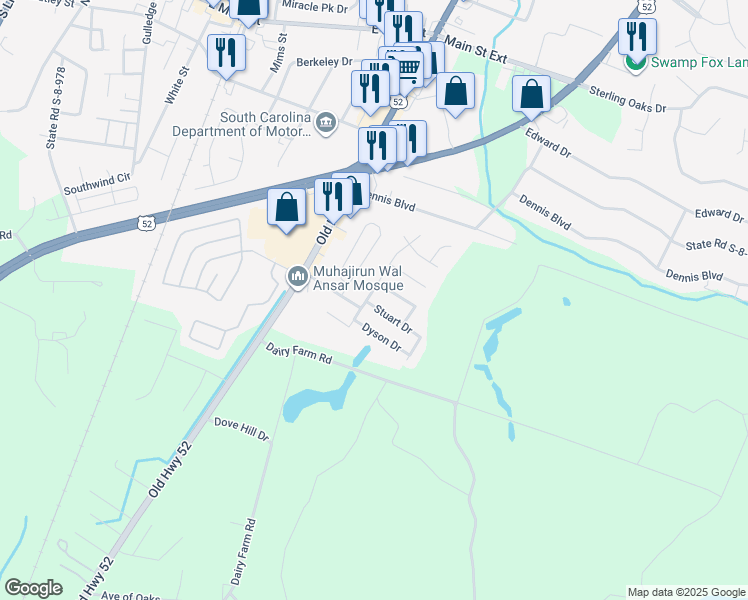 map of restaurants, bars, coffee shops, grocery stores, and more near 1207 Saint Johns Avenue in Moncks Corner