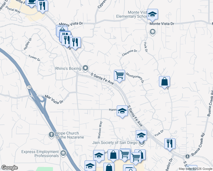 map of restaurants, bars, coffee shops, grocery stores, and more near 1451 South Santa Fe Avenue in Vista