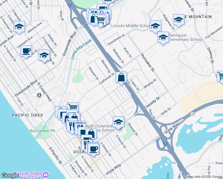map of restaurants, bars, coffee shops, grocery stores, and more near 1221 Herby Way in Oceanside