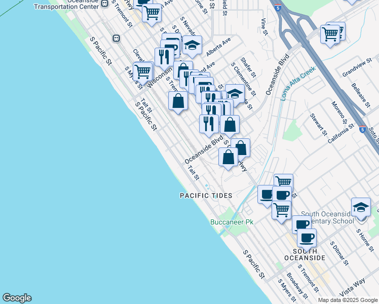 map of restaurants, bars, coffee shops, grocery stores, and more near 1114 South Myers Street in Oceanside