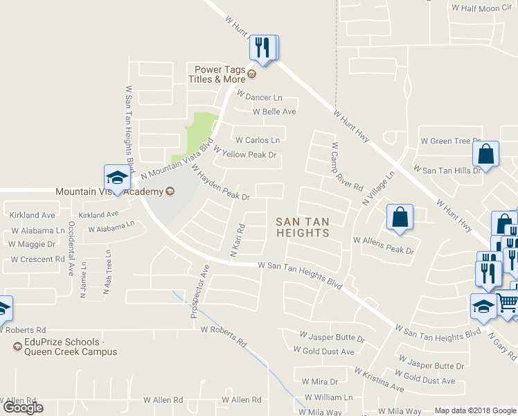 map of restaurants, bars, coffee shops, grocery stores, and more near 3176 West Allens Peak Drive in Queen Creek