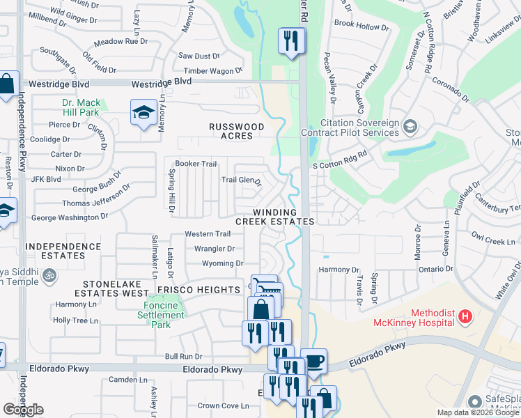 map of restaurants, bars, coffee shops, grocery stores, and more near 12723 Winding Creek Drive in Frisco