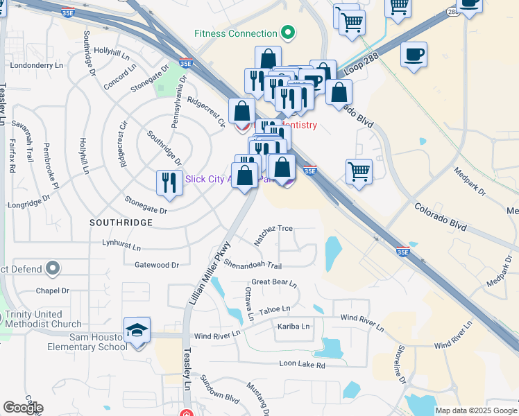 map of restaurants, bars, coffee shops, grocery stores, and more near 2525 Lillian Miller Parkway in Denton