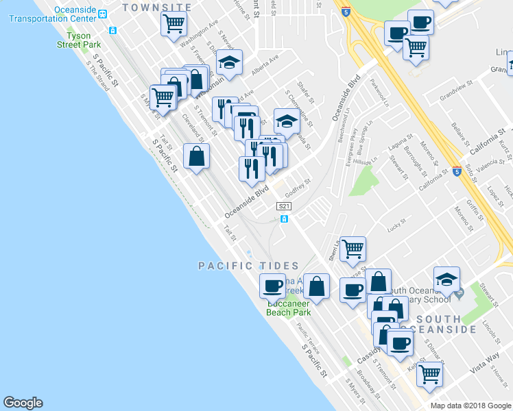 map of restaurants, bars, coffee shops, grocery stores, and more near 302 Oceanside Boulevard in Oceanside