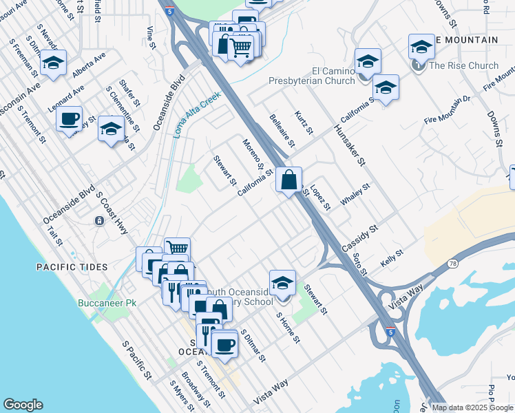 map of restaurants, bars, coffee shops, grocery stores, and more near 1530 Stewart Street in Oceanside