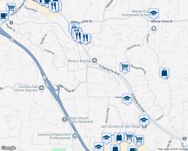 map of restaurants, bars, coffee shops, grocery stores, and more near 217 Hawthorne Circle in Vista