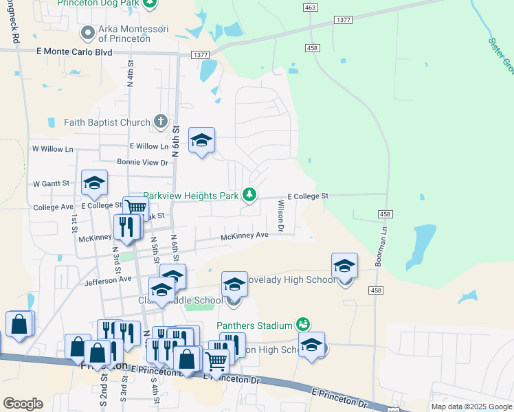 map of restaurants, bars, coffee shops, grocery stores, and more near 1101 Parkway Trail in Princeton