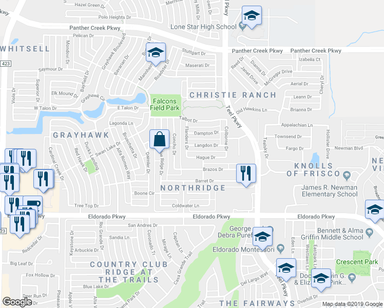 map of restaurants, bars, coffee shops, grocery stores, and more near 2092 Hague Drive in Frisco