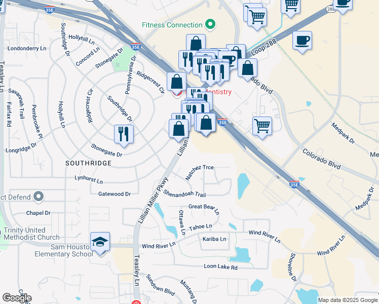 map of restaurants, bars, coffee shops, grocery stores, and more near 2525 Lillian Miller Parkway in Denton