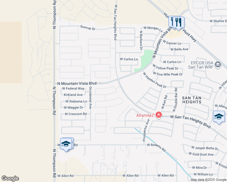 map of restaurants, bars, coffee shops, grocery stores, and more near 3932 Kirkland Avenue in Queen Creek