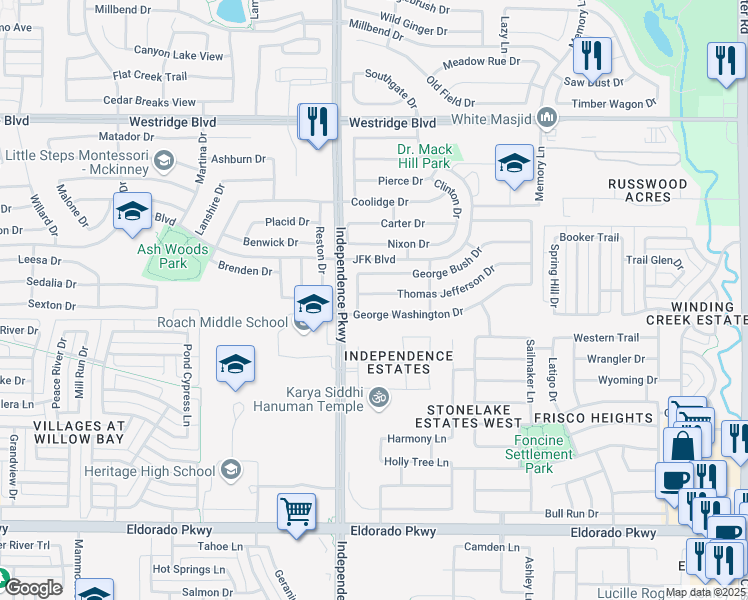 map of restaurants, bars, coffee shops, grocery stores, and more near 9949 Thomas Jefferson Drive in McKinney