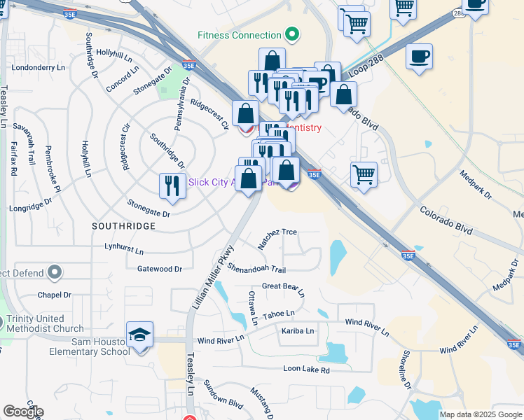 map of restaurants, bars, coffee shops, grocery stores, and more near 2525 Lillian Miller Parkway in Denton
