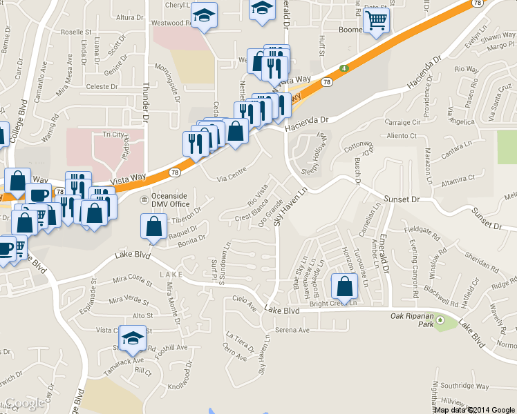map of restaurants, bars, coffee shops, grocery stores, and more near 1938 Via Centre in Vista