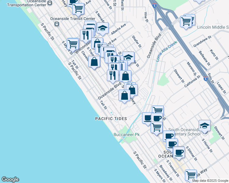 map of restaurants, bars, coffee shops, grocery stores, and more near 302 Oceanside Boulevard in Oceanside