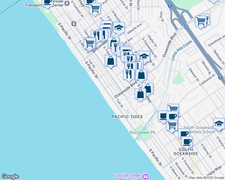 map of restaurants, bars, coffee shops, grocery stores, and more near 1114 South Myers Street in Oceanside