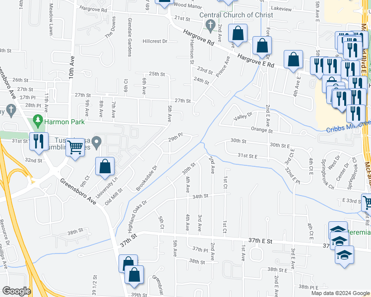 map of restaurants, bars, coffee shops, grocery stores, and more near 421 Brooksdale Drive in Tuscaloosa