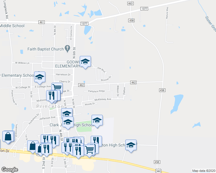 map of restaurants, bars, coffee shops, grocery stores, and more near 1101 Parkway Trail in Princeton